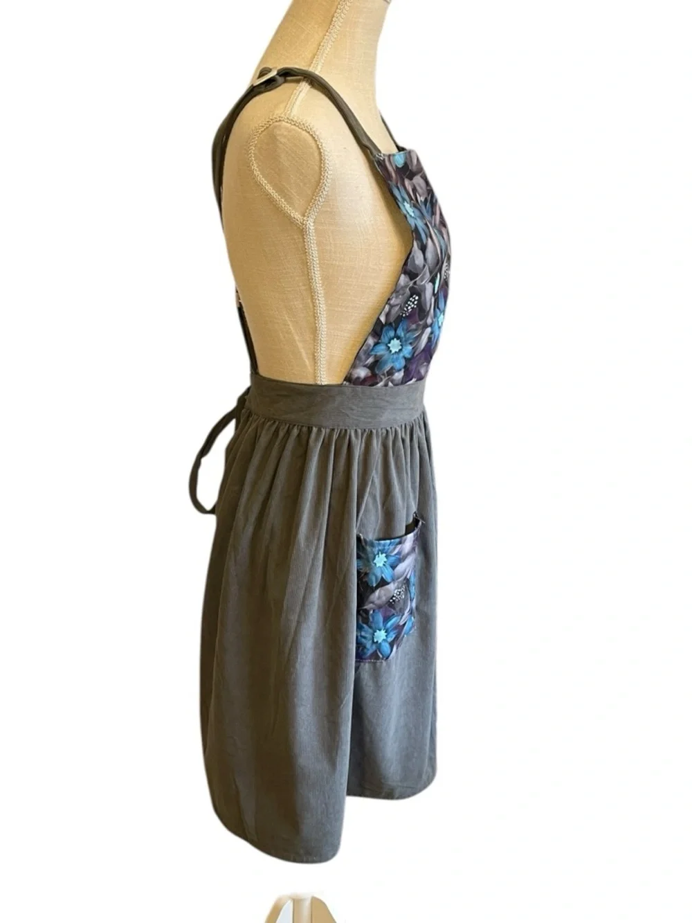 Grey Corduroy Apron with Blue Floral Panels and Pockets